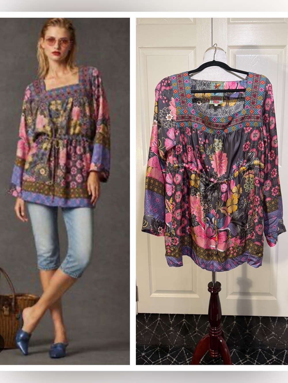 Silk! Johnny Was 100% Silk Patchwork Floral Drawstring Tunic Top Blouse